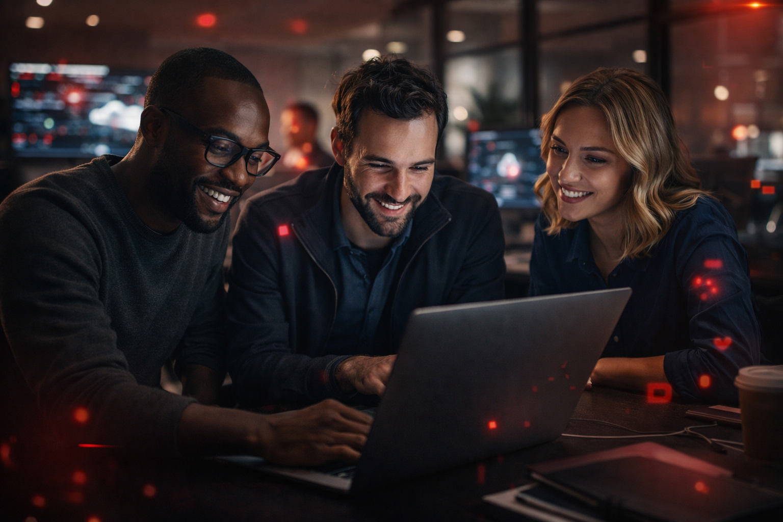 Professional IT team collaborating in a modern workspace